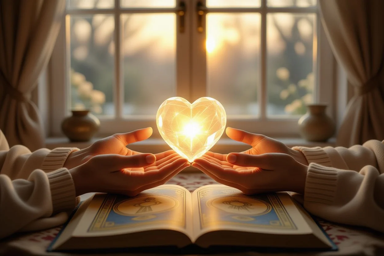 タロットによる内なる声との対話、光るハート型クリスタルを持つ手と開かれたタロット本の瞑想的なシーン