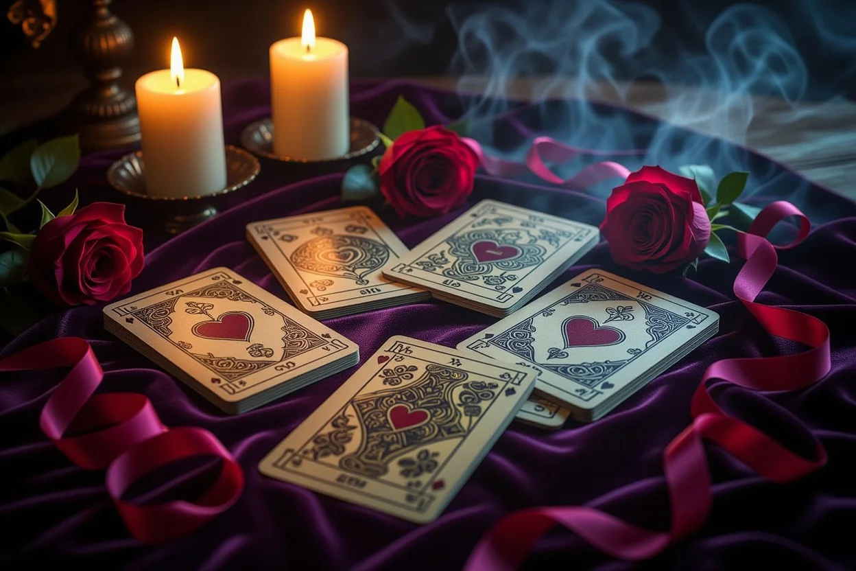 恋愛タロット占いのマイナーアルカナカードが神秘的な雰囲気で並べられた画像
