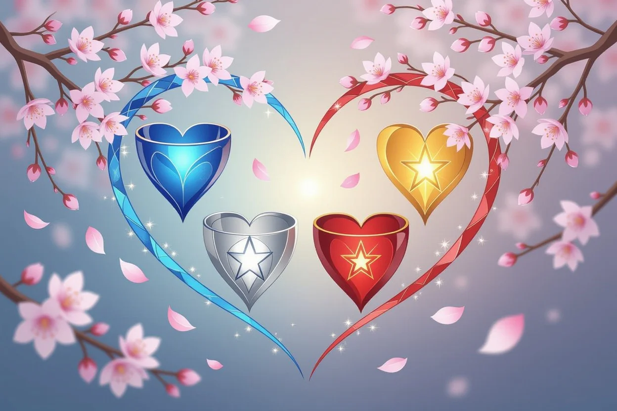 タロットの4つのスート（カップ、ソード、ペンタクル、ワンド）が恋愛と関係性を表現する芸術的な配置