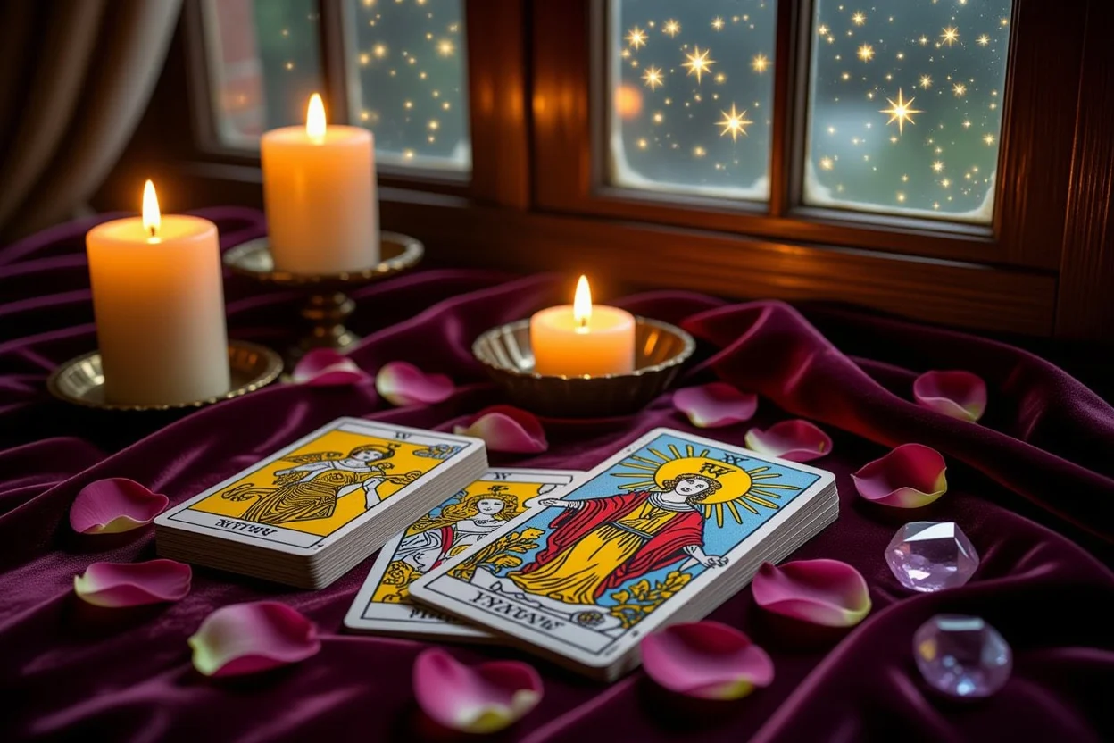 恋愛タロットカード占いの神秘的なシーン、恋人のカードとキャンドルライト