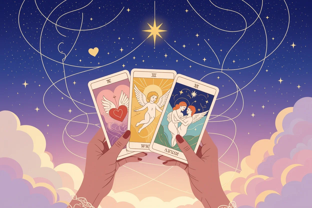 タロットカードで恋愛運を占う手、神秘的な光と星空の背景