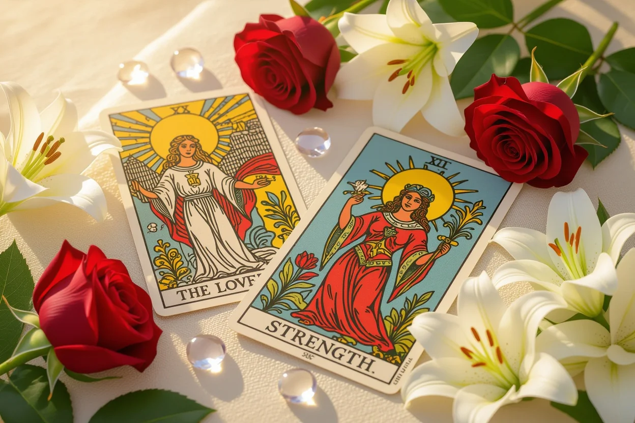 恋人のカードと力のカード、バラと水晶に囲まれた恋愛タロット
