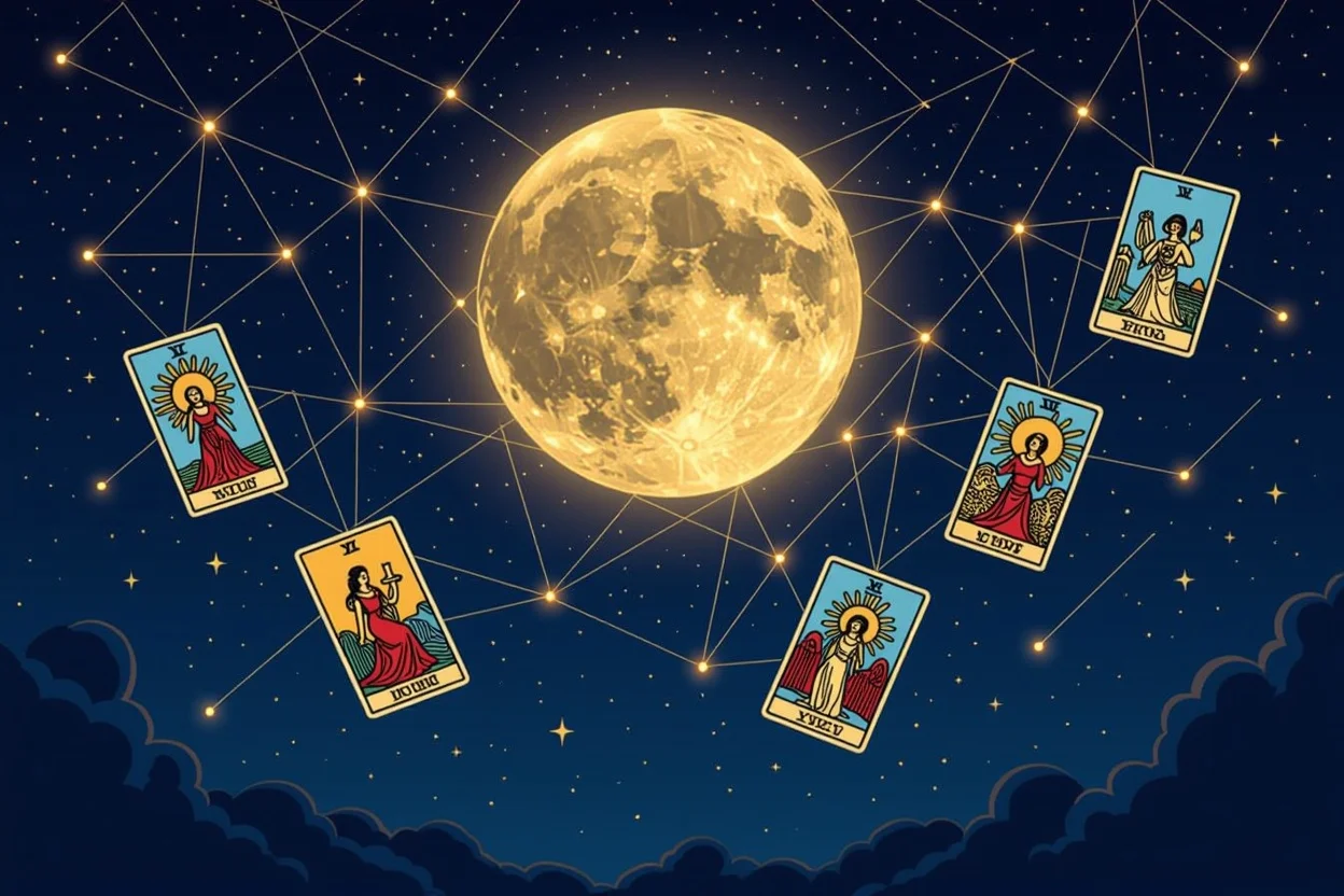 宇宙空間に浮かぶタロットカード、恋愛運と運命を表す神秘的なイラスト