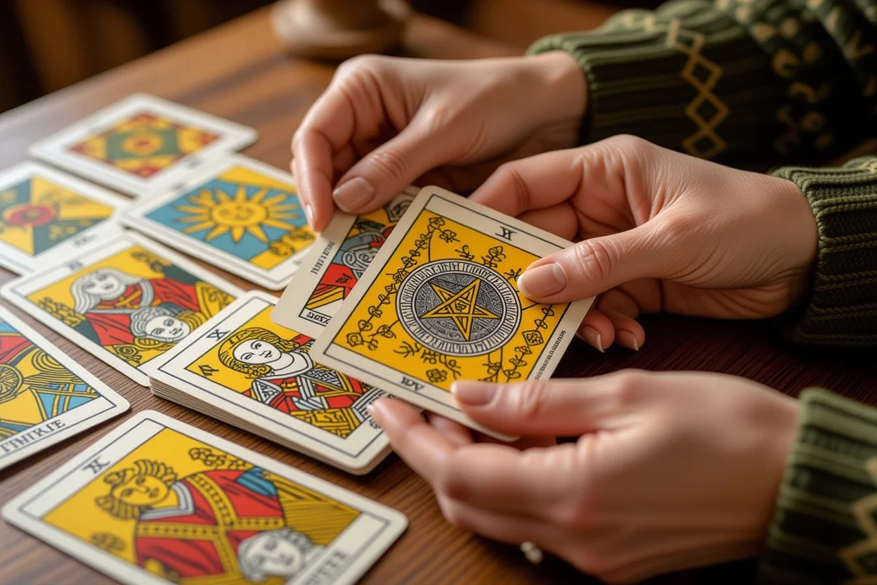 タロットカードを分析する手とペンタクルの3のカード