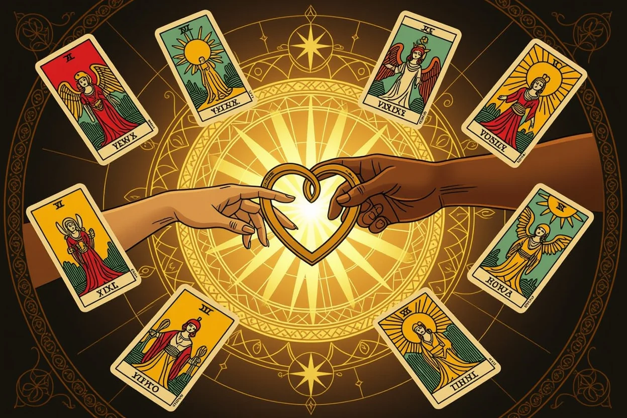 安定した恋愛関係を象徴するタロットカードとリングのアート
