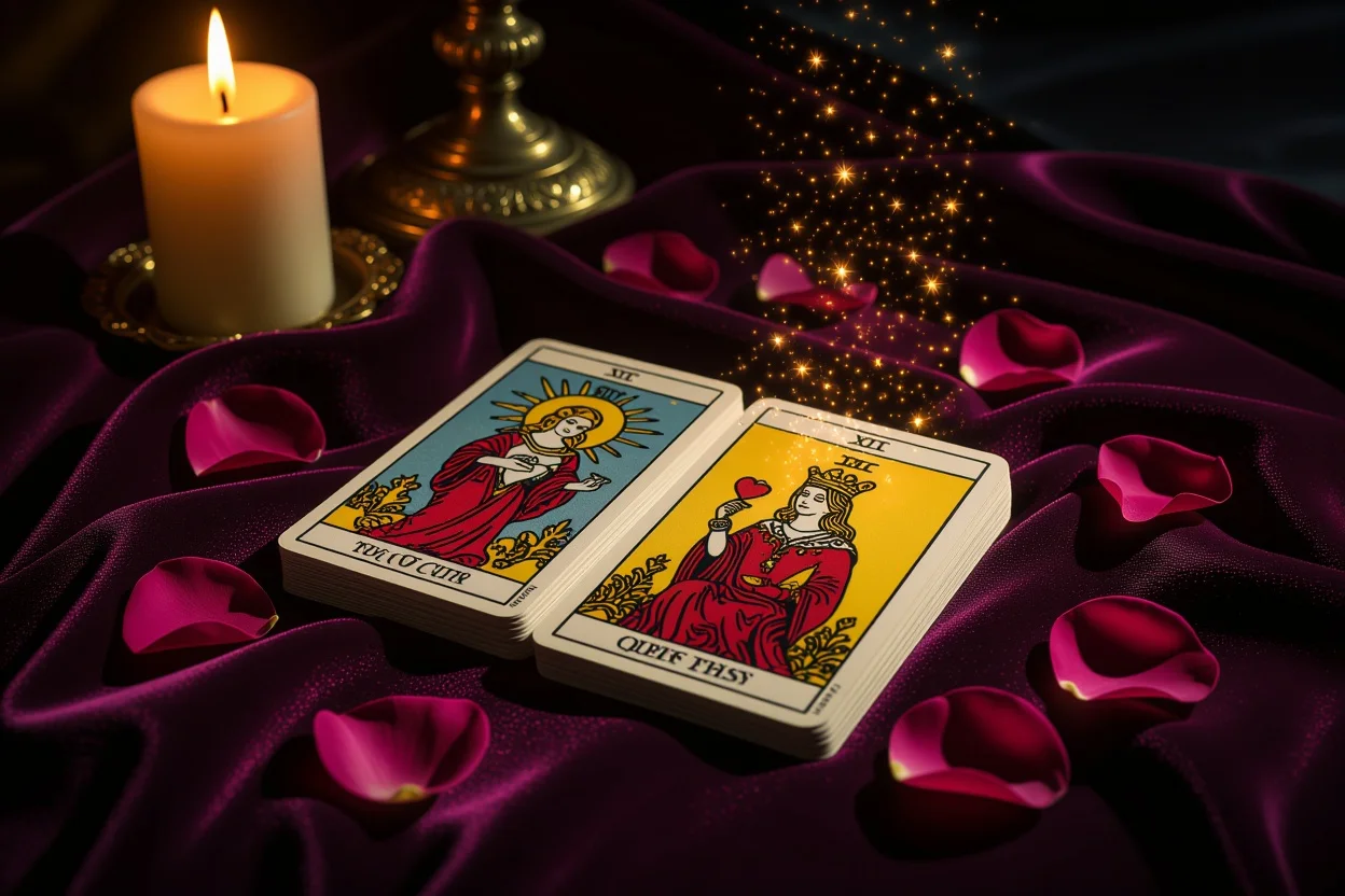恋愛タロットカードの逆位置を示す神秘的な占いの場面