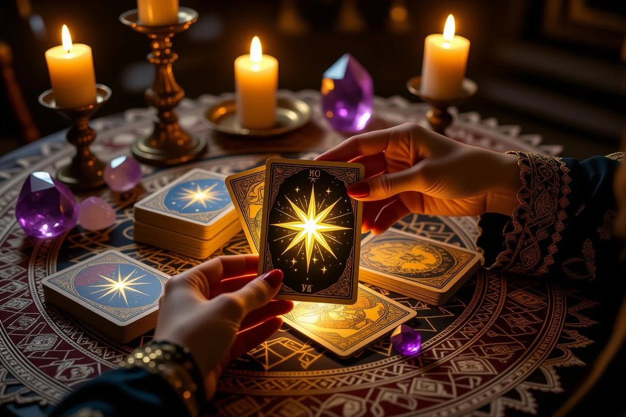 タロットカードを読む手と希望の光が差し込む恋愛占いシーン