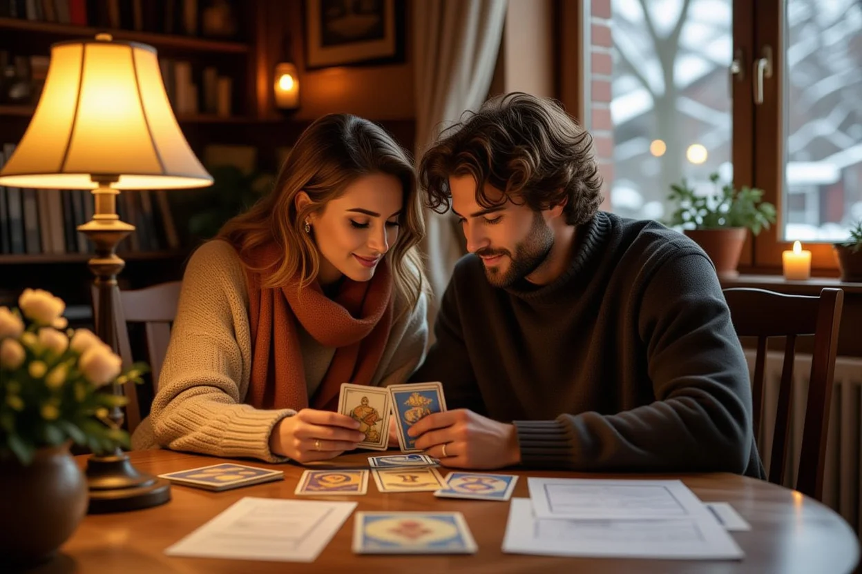 タロット占いを使って現実的な恋愛関係を築くカップルの様子