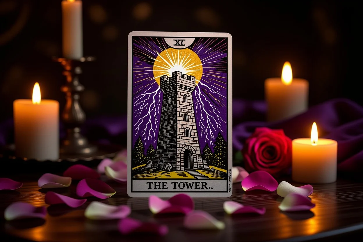 恋愛タロットの塔のカードと影の意味を表す神秘的なリーディングシーン