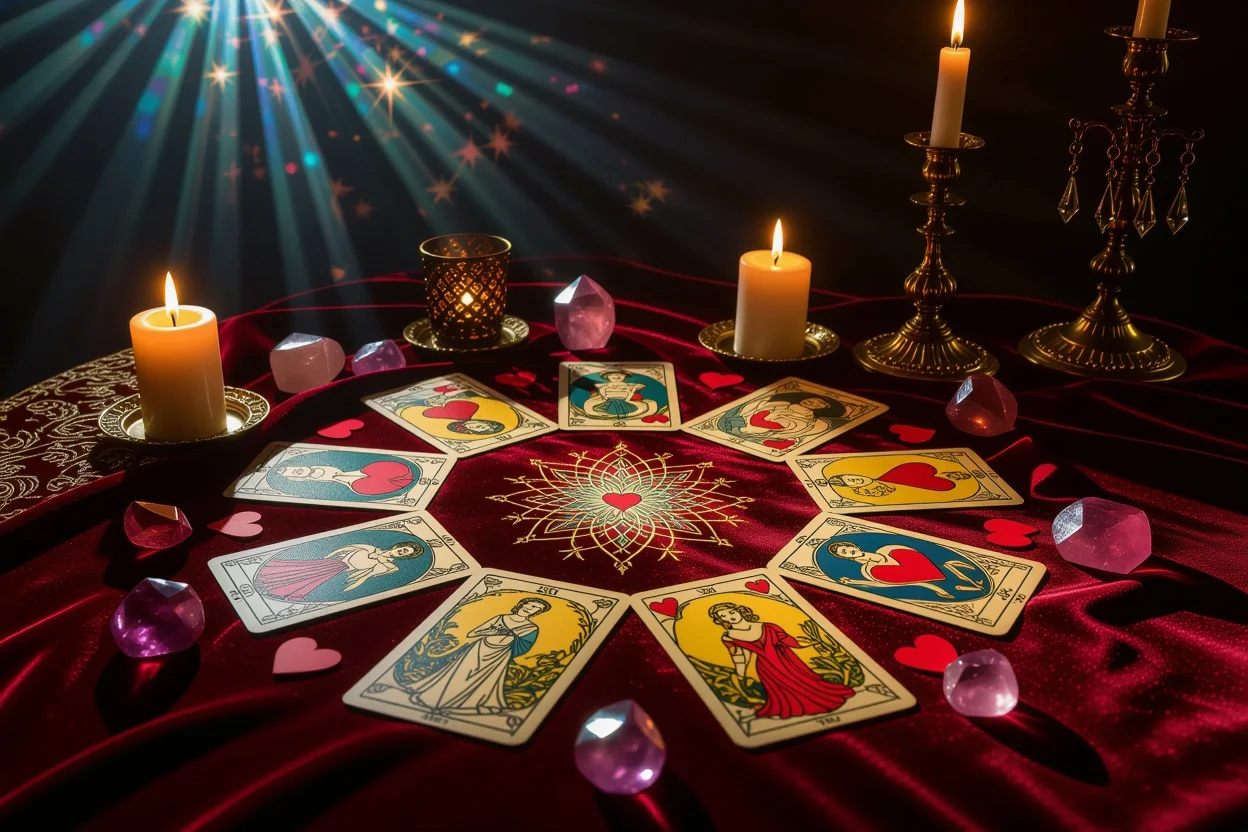 恋愛タロット占いカードの光と影を表現した神秘的なスプレッド
