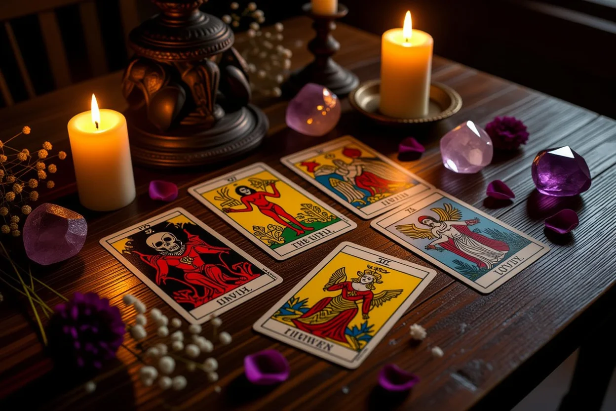 恋愛タロットの影のカードと光のカードが並ぶ神秘的なタロットスプレッド