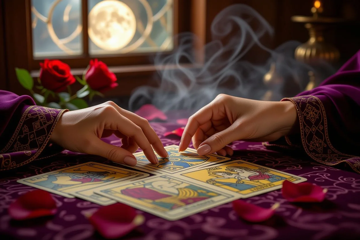 タロットカードに触れる手と恋愛の不安から力への変化を表現する神秘的な画像