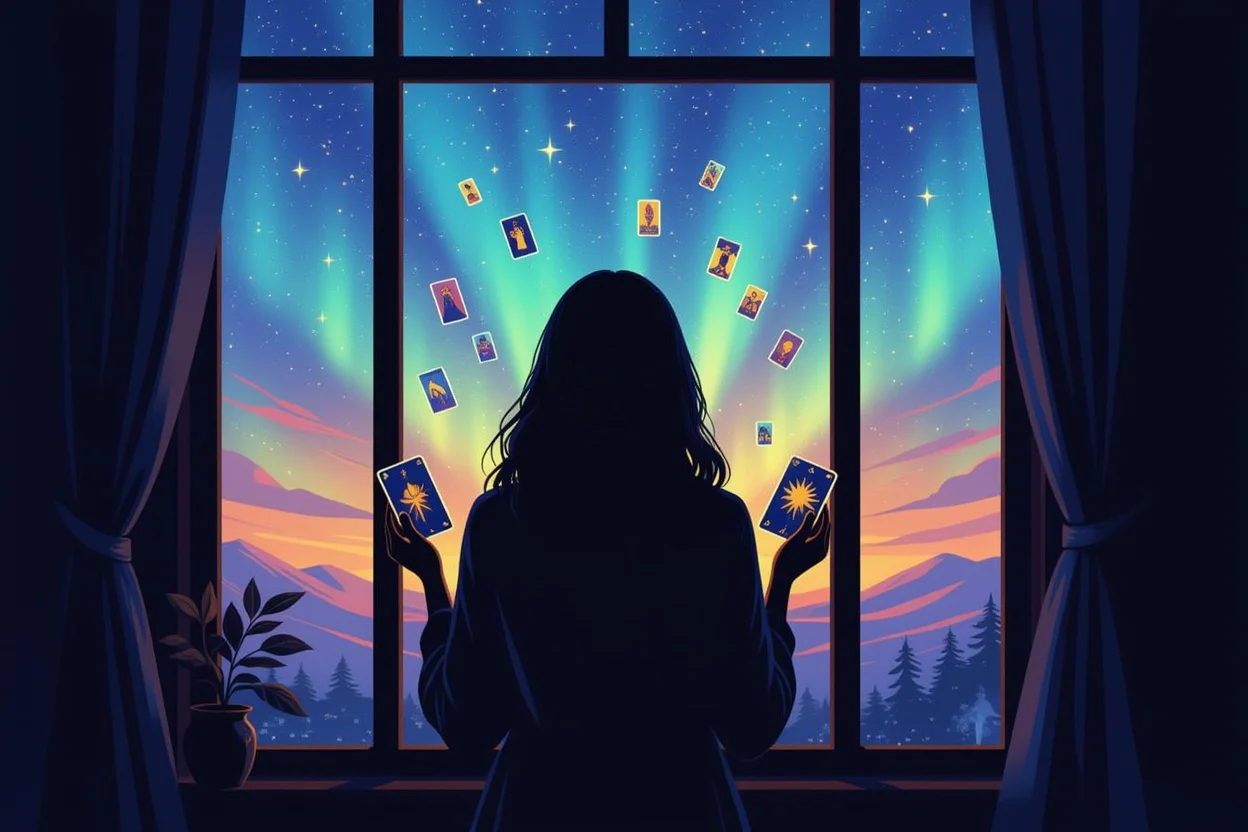 恋愛タロットの影と光を表現する瞑想的な人物のシルエットと浮遊するカード