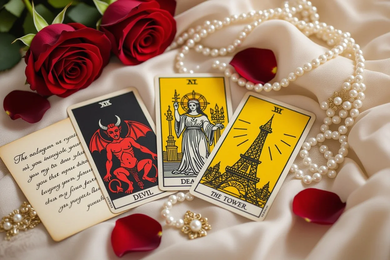影のタロットカード（悪魔・死神・塔）と恋愛要素の美しいフラットレイ構成