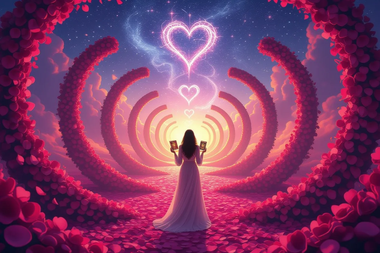 恋愛の迷宮とタロットカードで自己探求する人の神秘的なイメージ