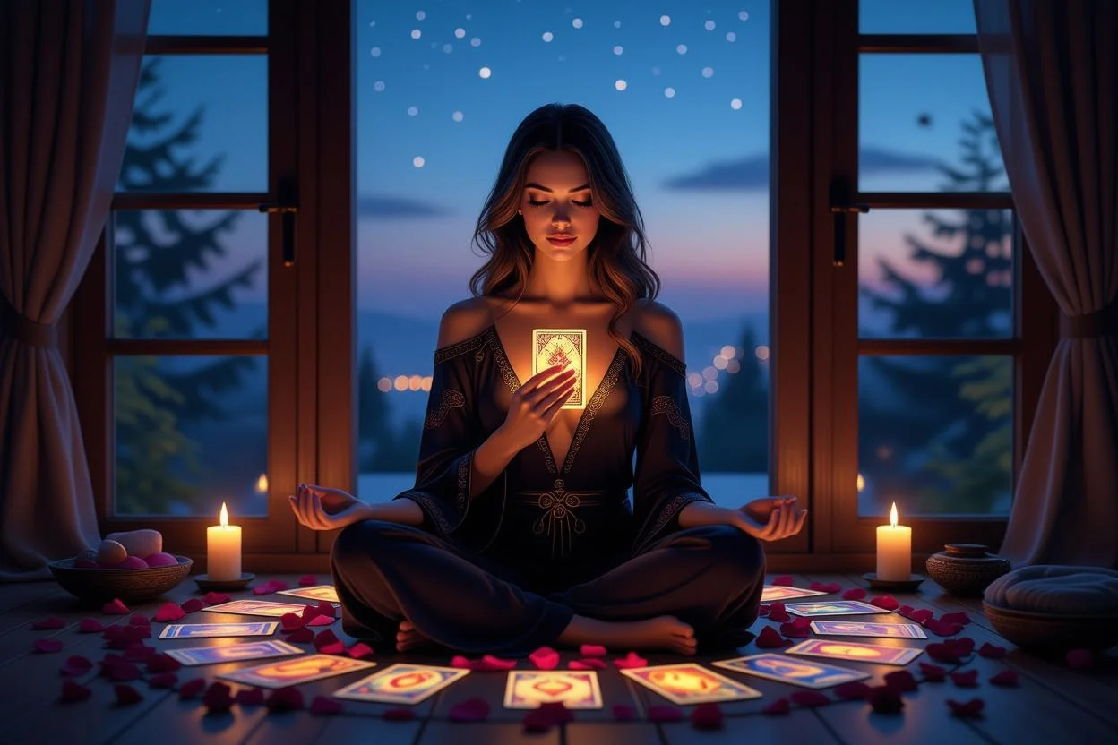 タロット瞑想で恋愛の自己受容を深める女性の癒しの空間