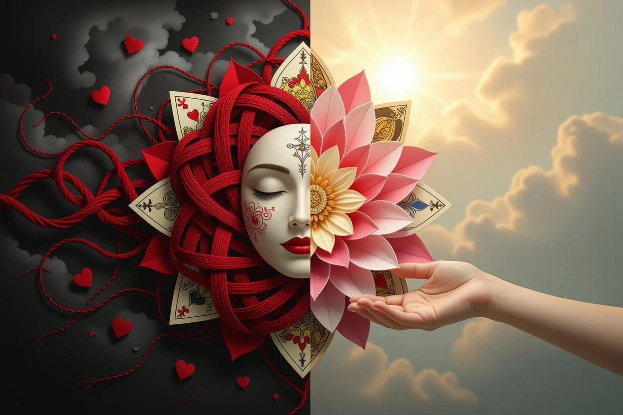 恋愛の混乱から自己受容への変化を表現したタロット療法のアートワーク