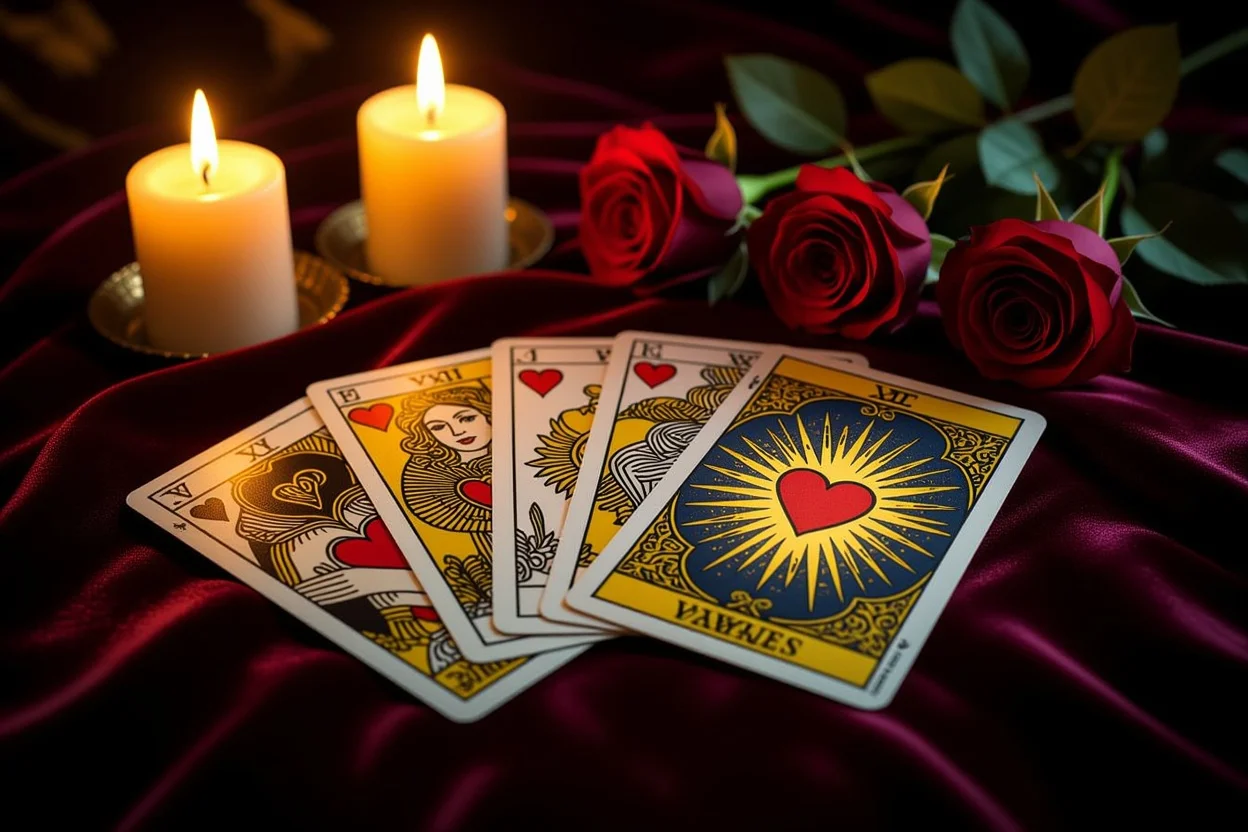 恋愛タロットカードが神秘的な光に照らされている画像
