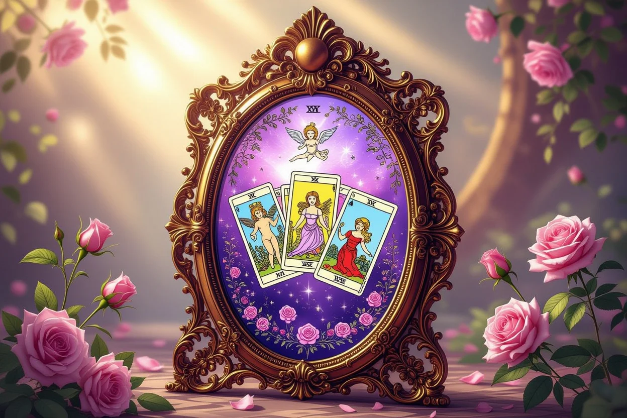 タロットが心理的な鏡として恋愛の真実を映し出すイメージ