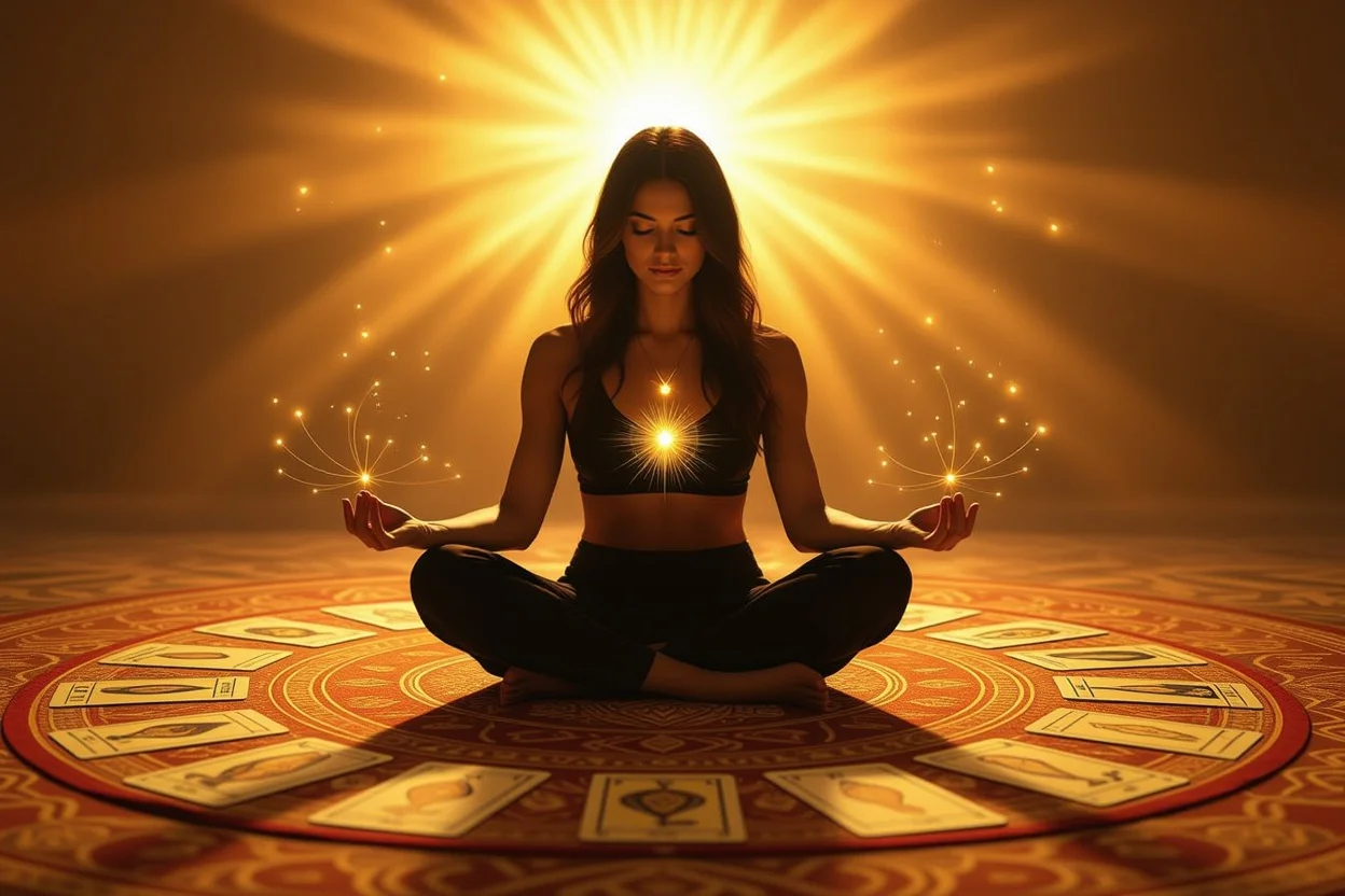 タロットを通じた自己成長と恋愛への気づきを表現した瞑想的なイメージ