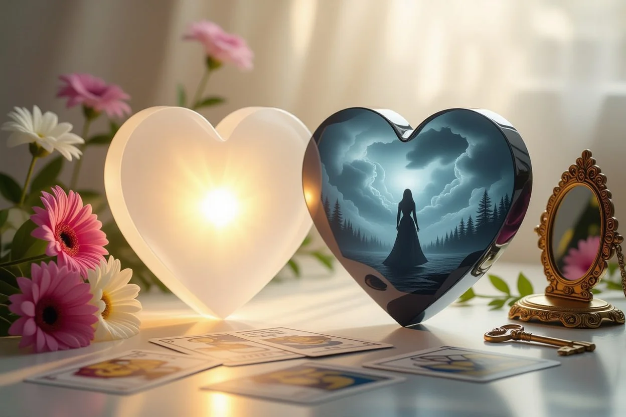 恋愛における光と影の心理的側面をタロットで表現した芸術的イメージ