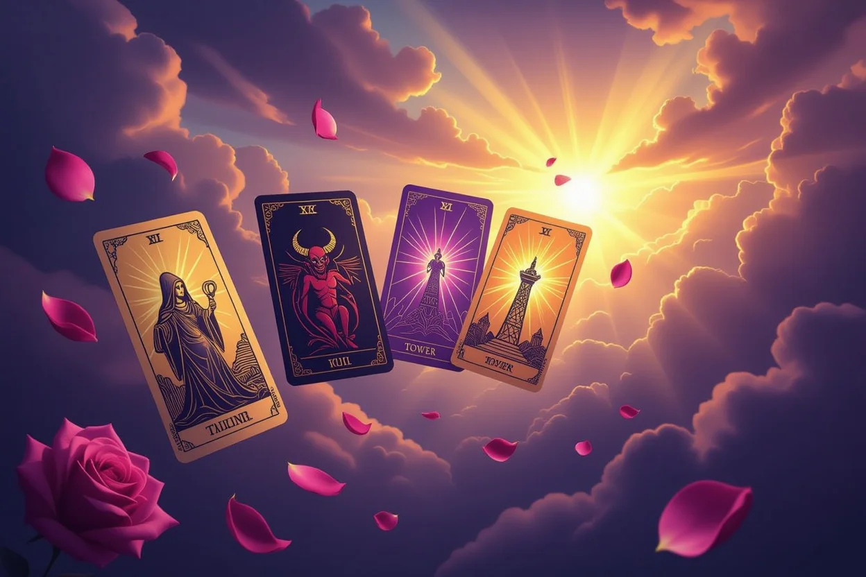恋愛タロットの影を光に変える魔法的な変容シーン