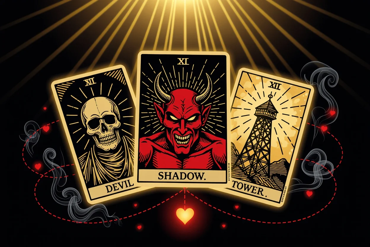 恋愛タロットの影のカード・死神・悪魔・塔の神秘的な配置
