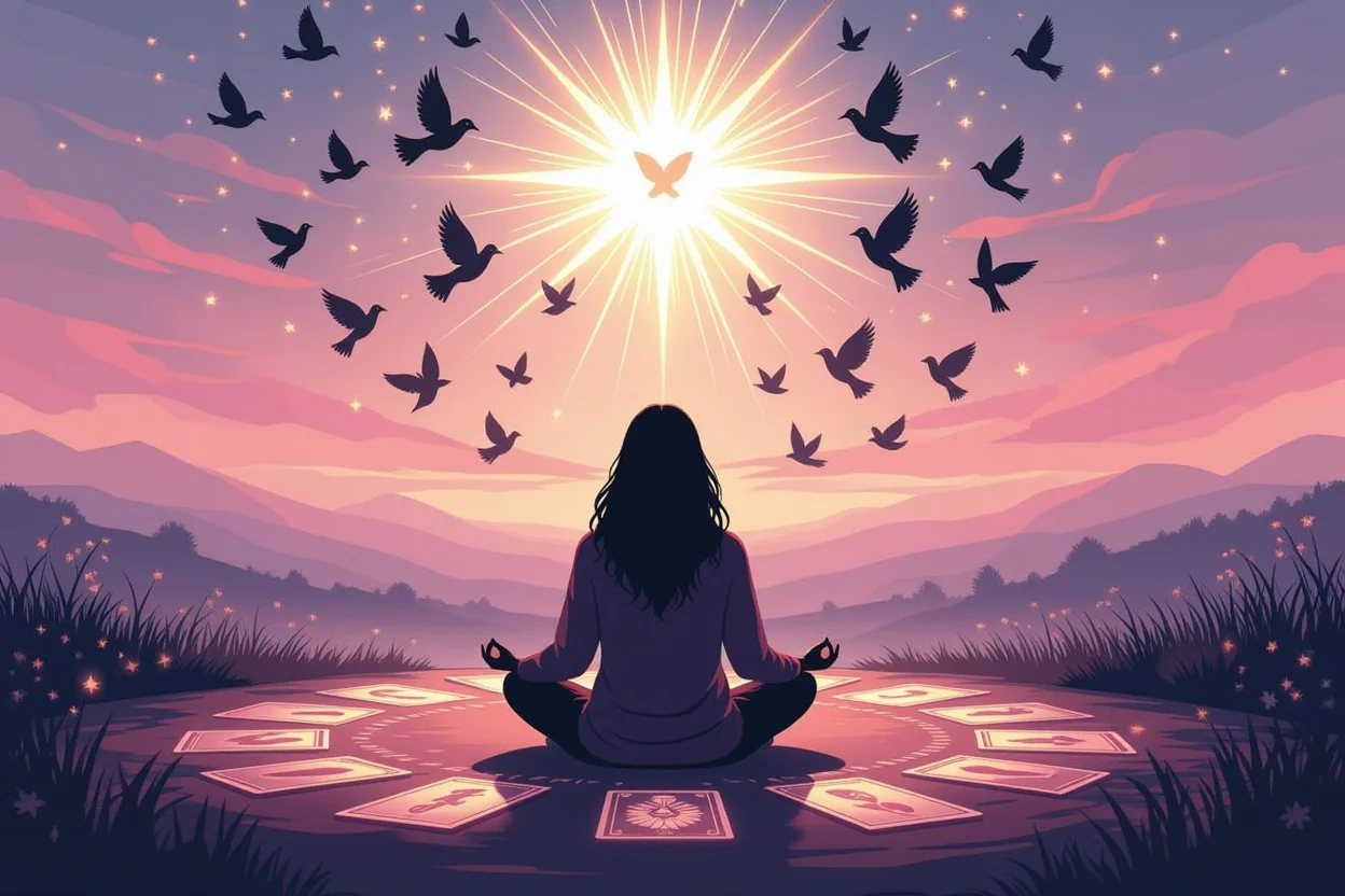 タロットを通じた恋愛の不安克服と自己成長の瞑想シーン