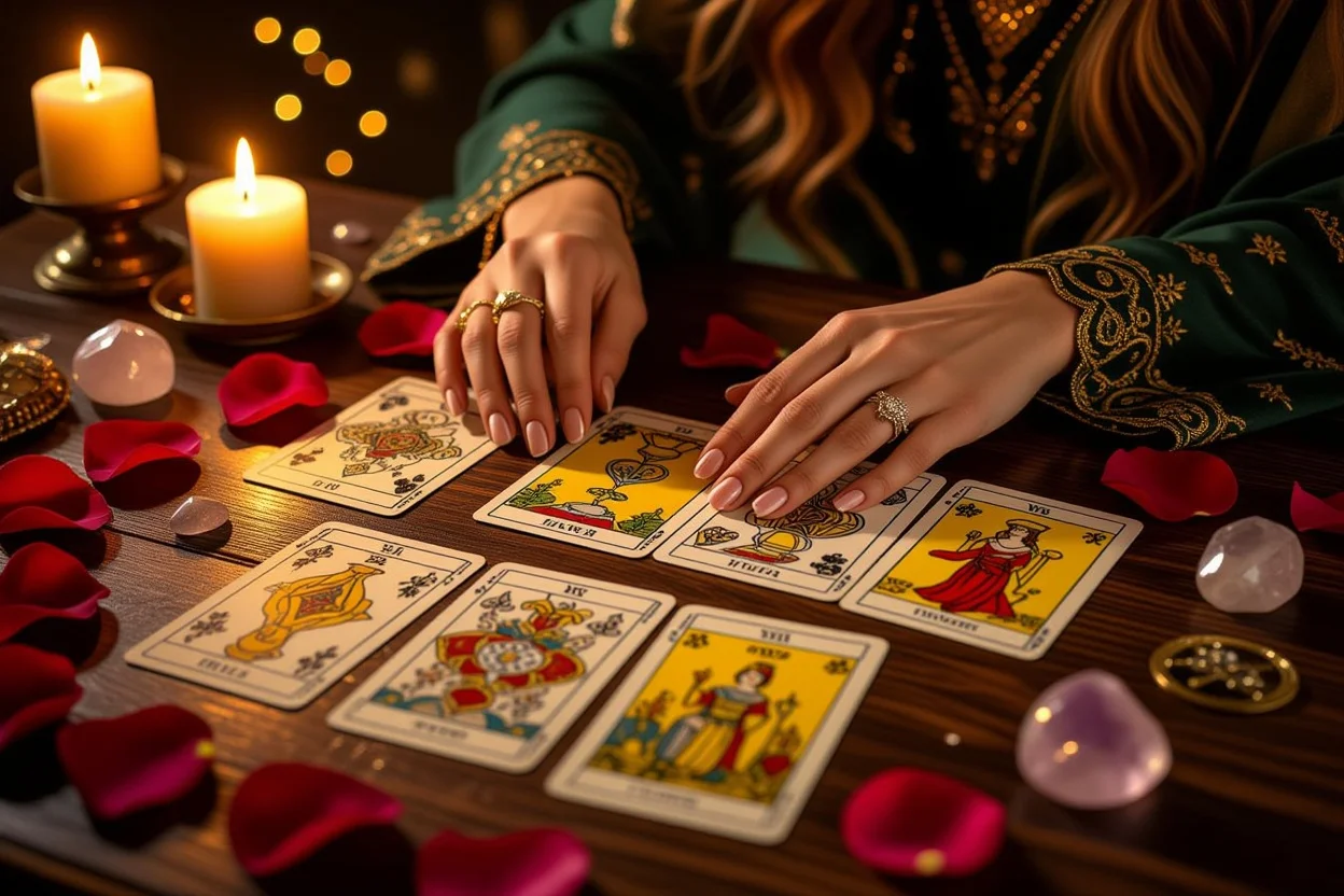 マイナーアルカナタロットカードで恋愛占いをする神秘的なシーン