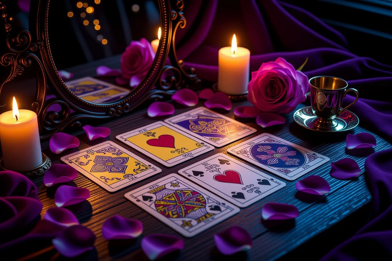 恋愛タロットカード占いのマイナーアルカナスプレッド、深層心理を読み解く神秘的なシーン