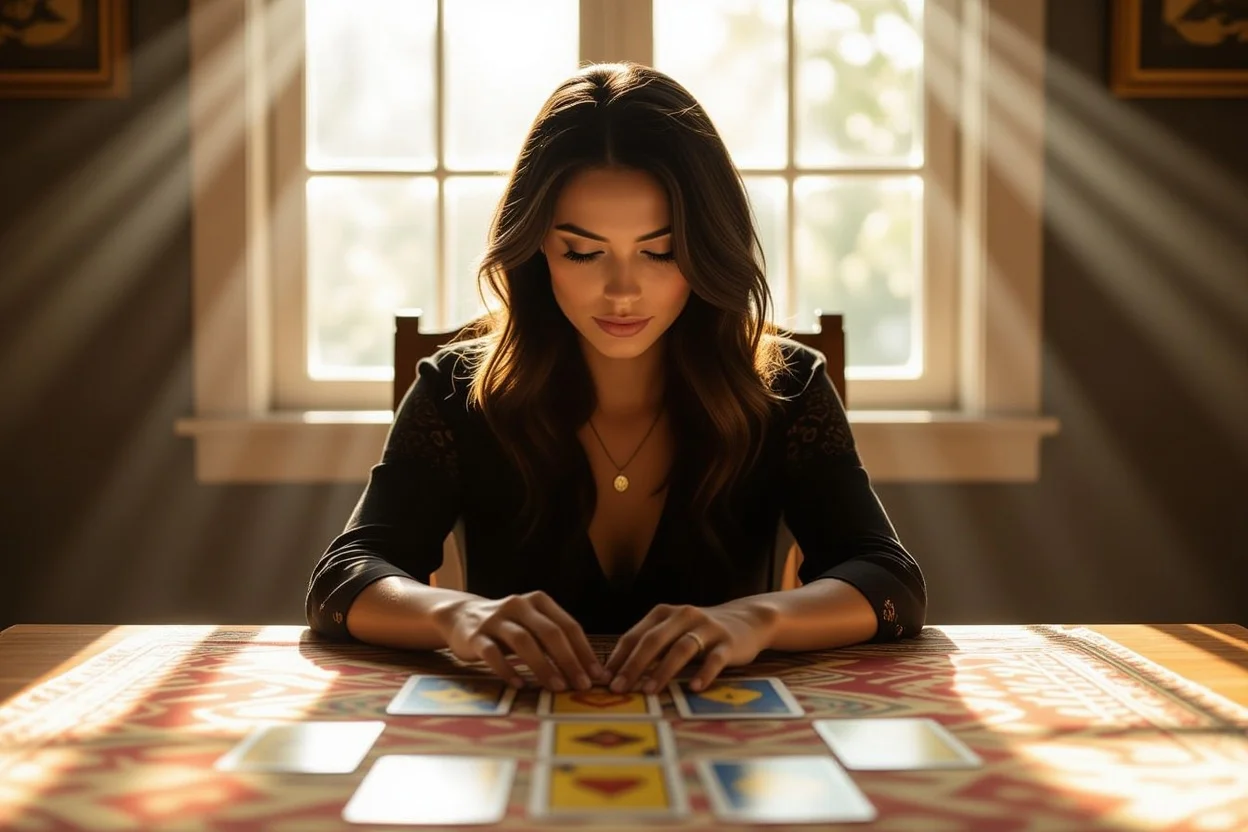 タロットカードで恋愛の深層心理を探る人物、内面と向き合う瞑想的なシーン