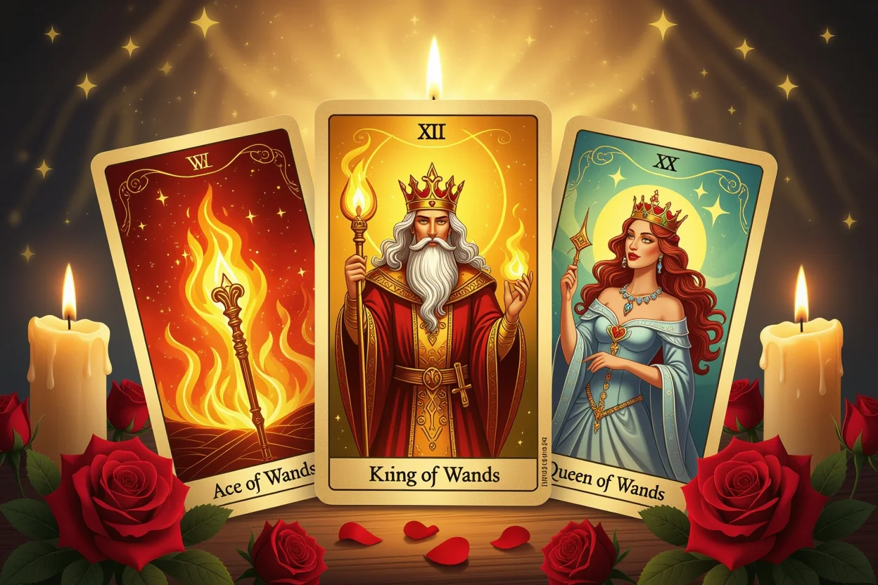 恋愛タロット・ワンドのカードと情熱的な愛を象徴するバラとキャンドル