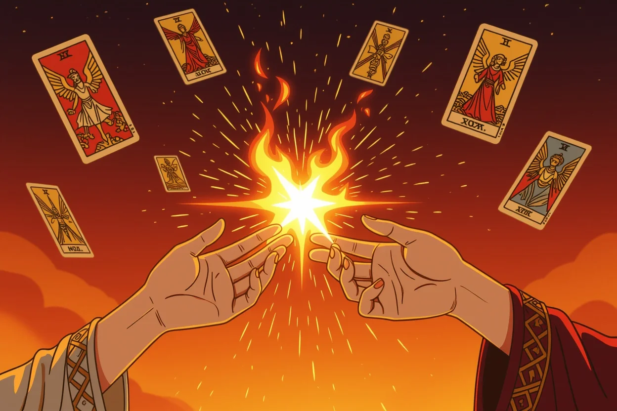 情熱的な愛の火花・二人の手の間に舞う恋愛エネルギーとタロットカード