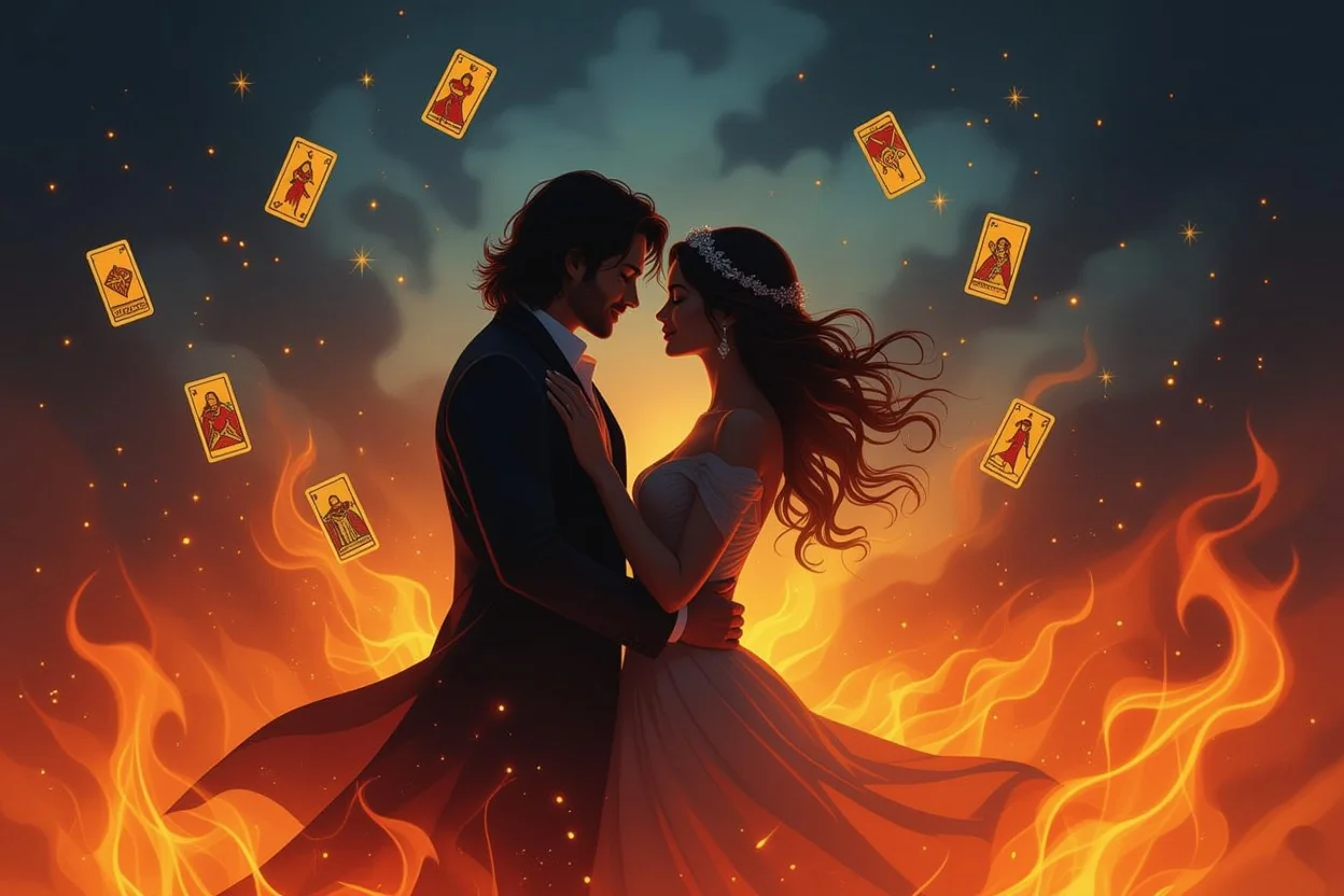 情熱的な恋愛・タロットワンドに導かれるカップルのシルエットと愛の炎