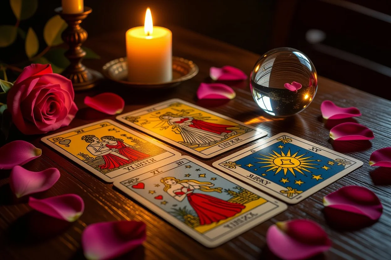 恋愛タロットカードの神秘的なリーディングシーン、キャンドルライトに照らされたロマンチックなタロット占い