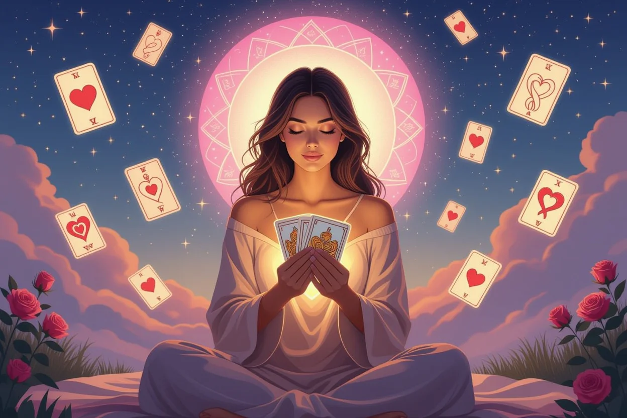 タロットカードを胸に抱き内面と向き合う女性、自己探求と恋愛の真の願望を見つける瞑想的なシーン