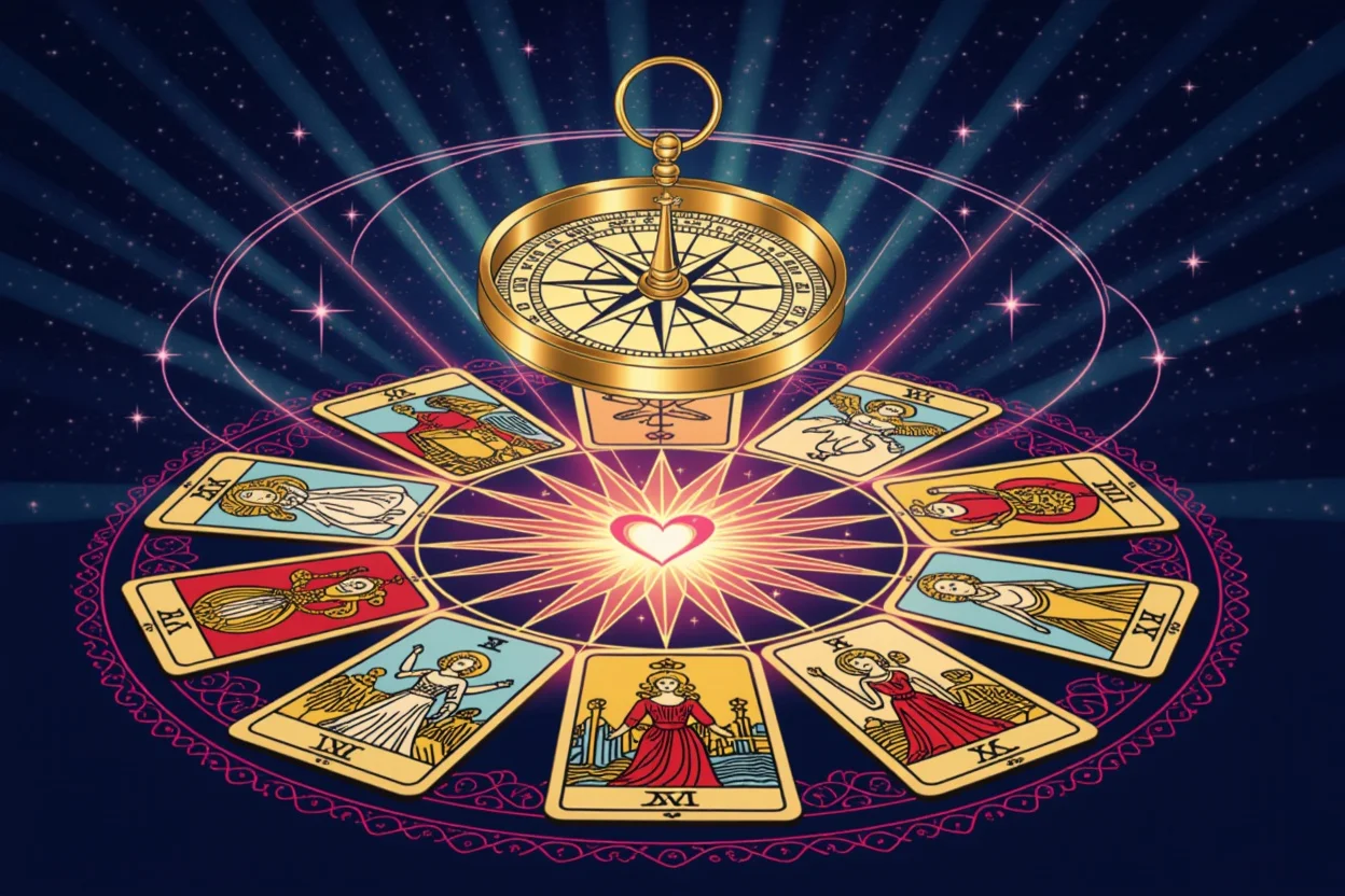 愛の羅針盤としてのタロット、心の方向性を示す神秘的なコンパスとタロットカードの融合イメージ