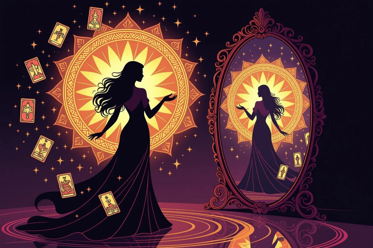 タロットの力で本来の自分を見つける変容のシーン、恋愛における自己実現と内なる輝きの覚醒