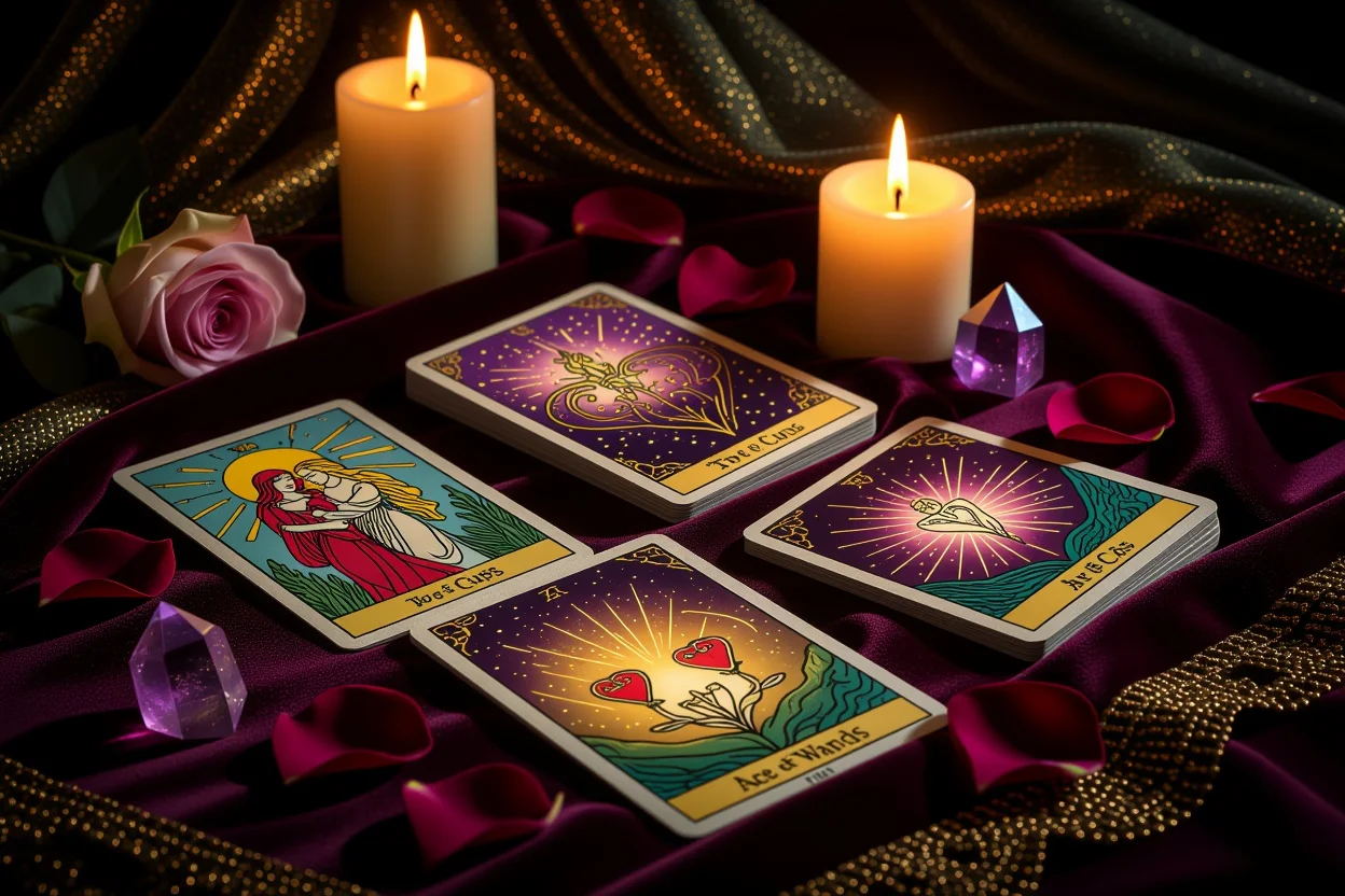 恋愛タロットカードの神秘的なスプレッド、ろうそくの光と薔薇の花びら