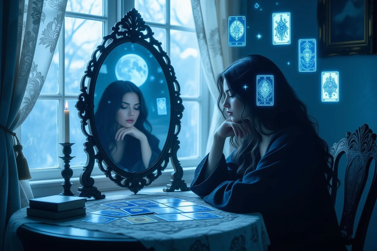 タロットカードで内省する人物と鏡に映る自己成長のイメージ