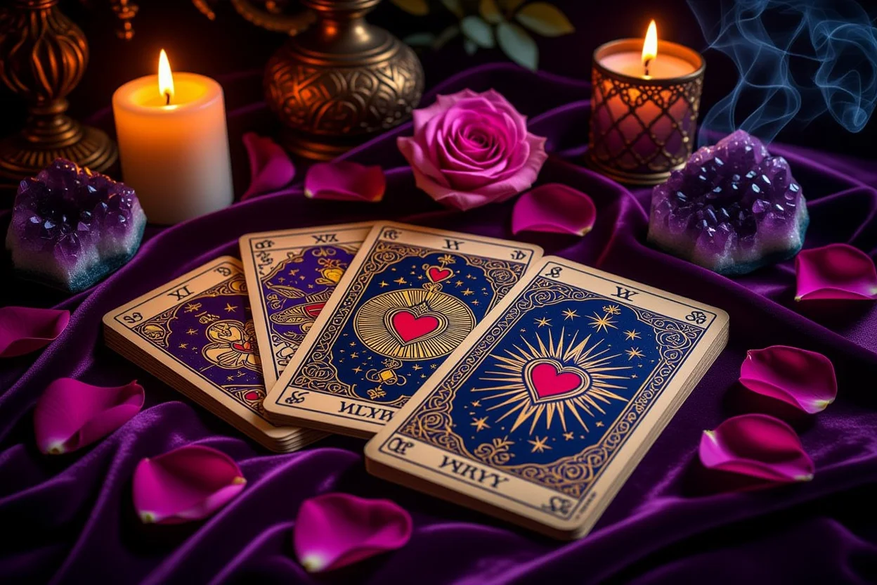 恋愛タロット占いカードとキャンドルの神秘的な雰囲気の画像