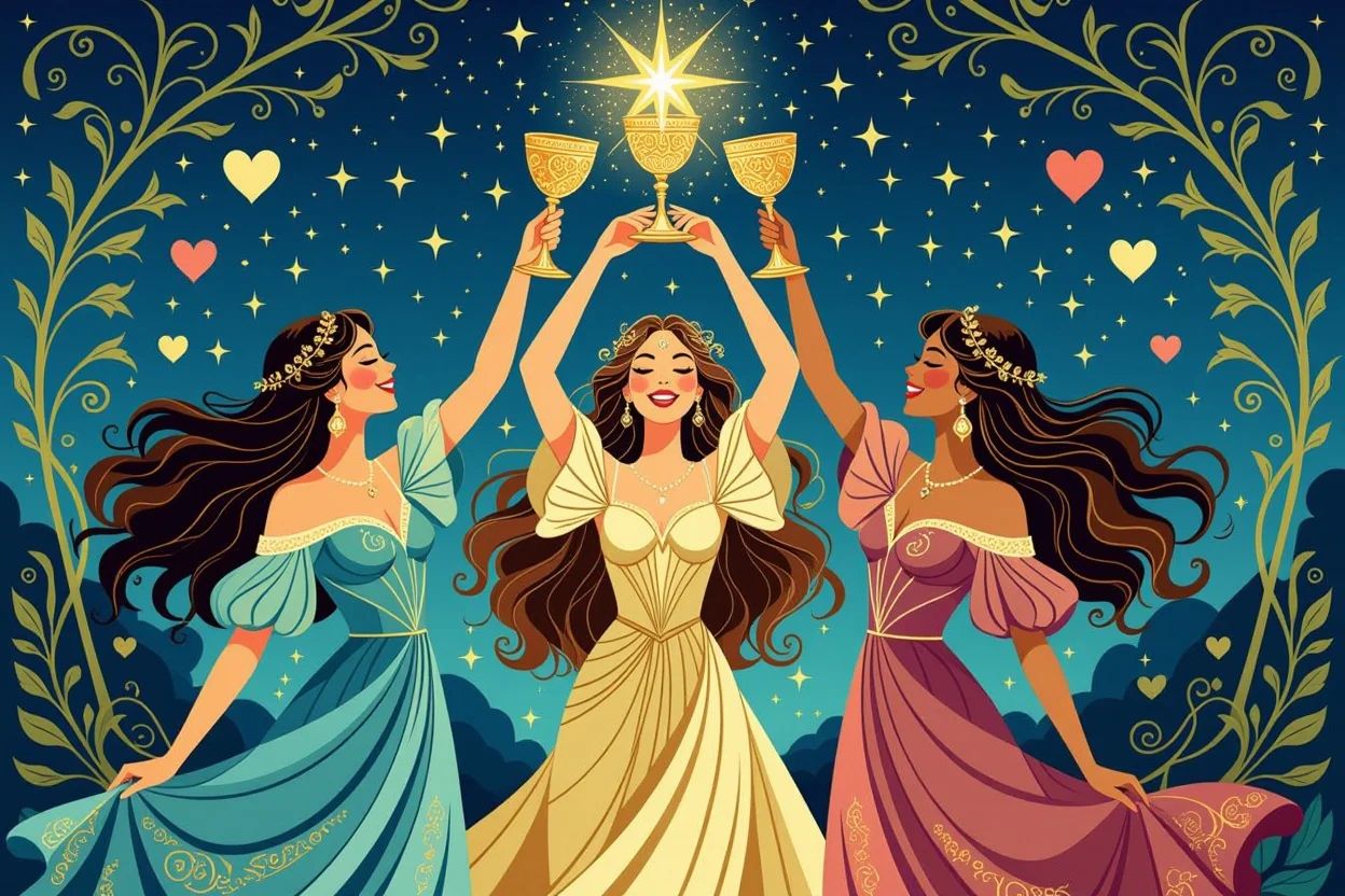 カップの3タロットカードを表現した3人の女性が乾杯する幻想的なイラスト