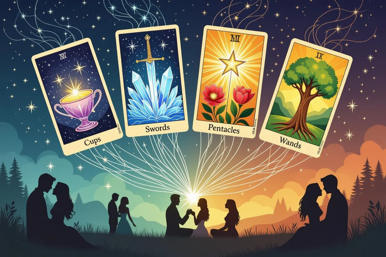 タロットの4つのスート（カップ・ソード・ペンタクル・ワンド）と恋愛心理を表現した幻想的なコラージュ