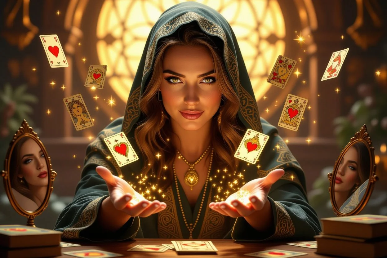 恋愛の深層心理を読み解く神秘的なタロット占い師のポートレート画像