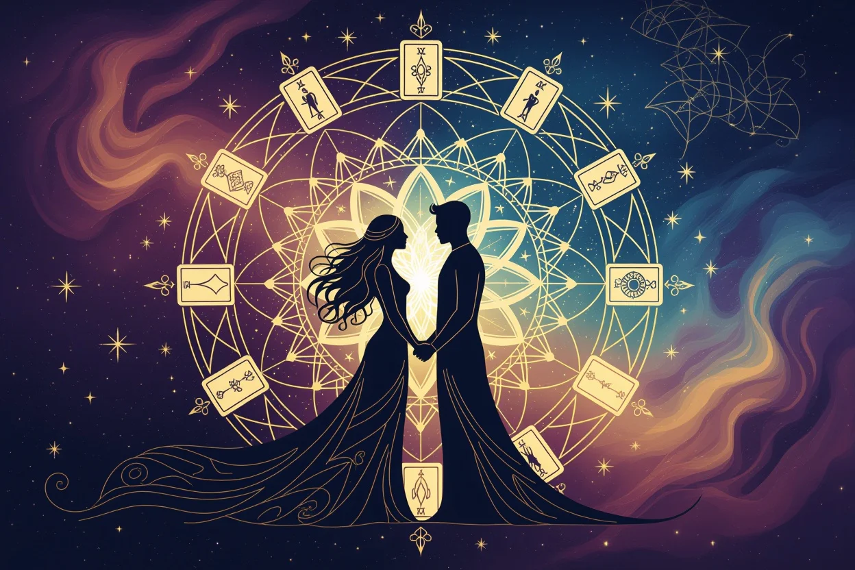 宇宙の愛の法則を表現したタロットと恋人たちの神秘的イラスト