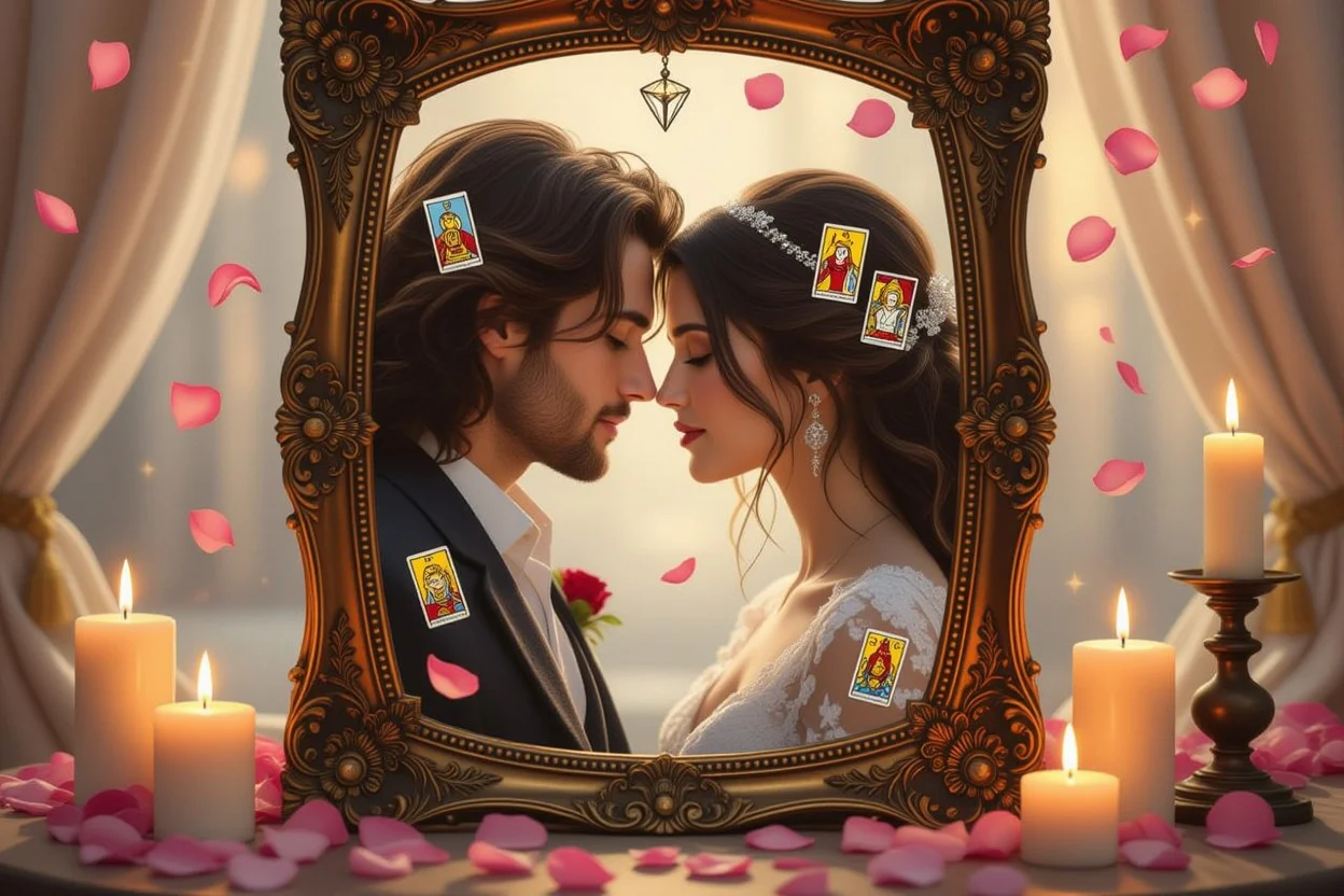 タロットの鏡に映る恋人たちの魂の共鳴を表現した神秘的な愛の画像