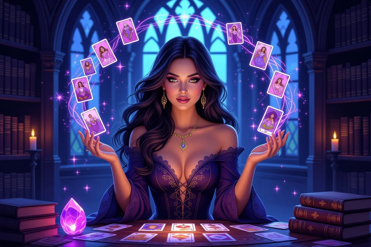 恋愛運を占う美しいタロット占い師の神秘的で魅力的なシーン