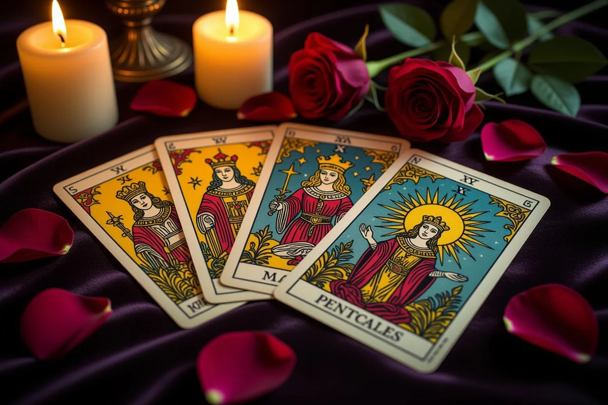 恋愛タロット占いのマイナーアルカナカード、カップとペンタクルのスプレッド
