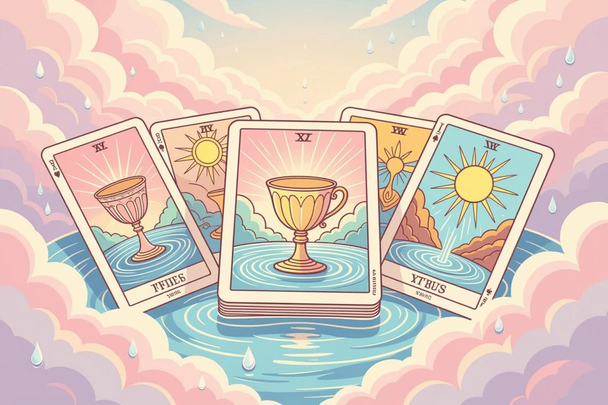 カップスートのタロットカードと感情の深層心理を表現した神秘的なイメージ