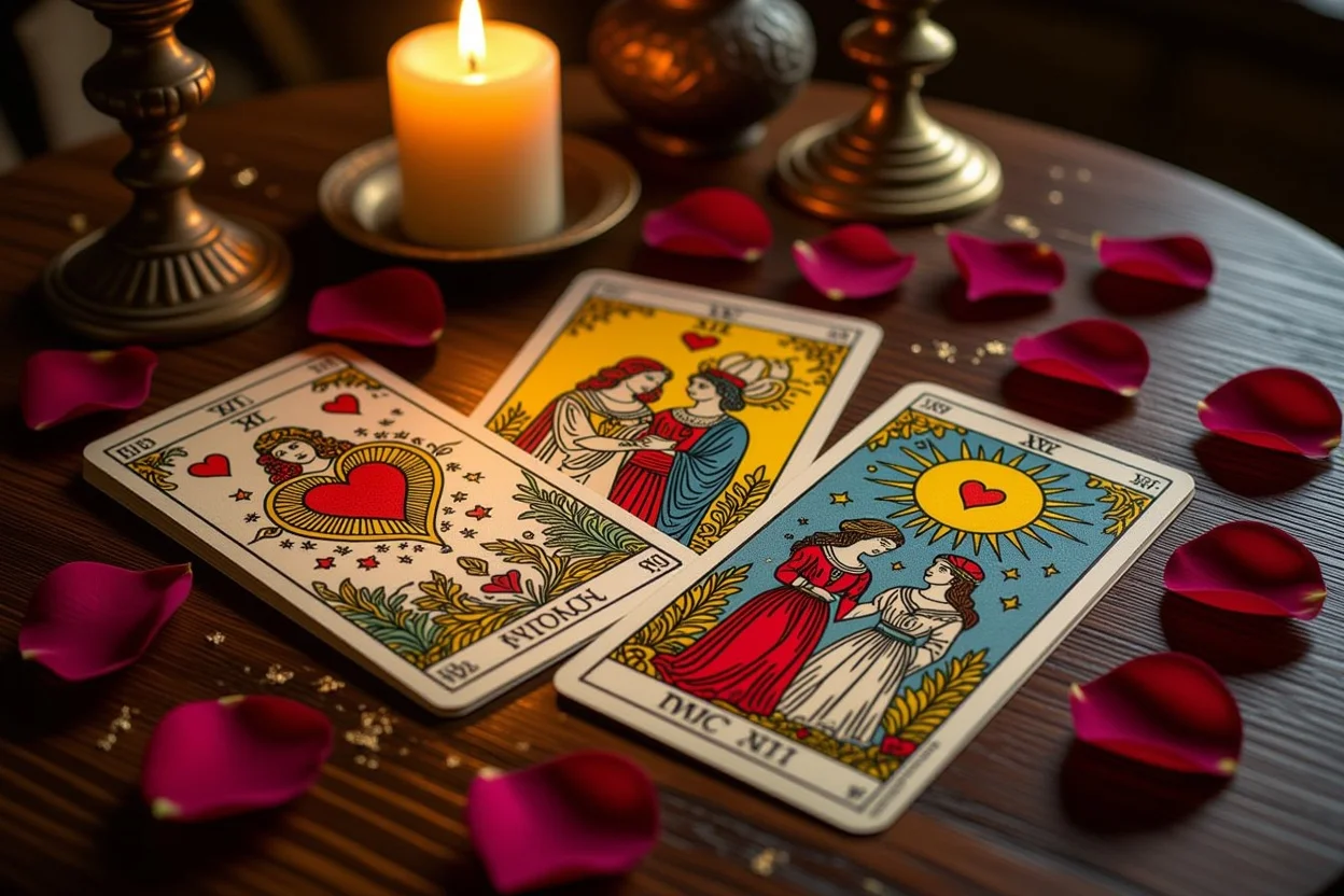 恋愛タロットカードの美しいスプレッド、キャンドルライトに照らされた神秘的な占い